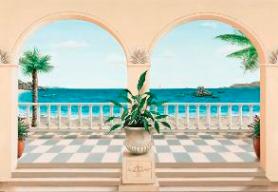 Gigantografia esclusiva "Terrazza con veduta al mare  trompe l'oeil"