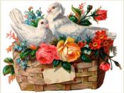 Adesivo decorativo esclusivo "Cesto con fiori  e colombe trompe l'oeil"
